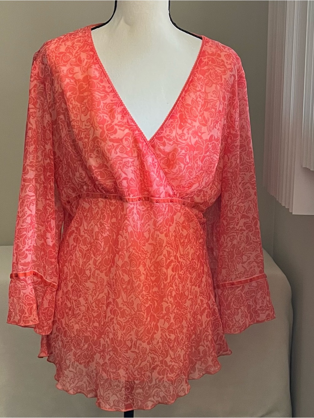 Coral V-Neck Sheer Floral Blouse